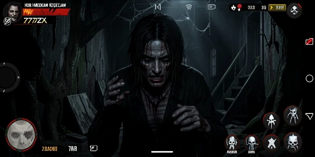 Screenshot dari gameplay 777ZX yang menampilkan suasana horor mencekam.