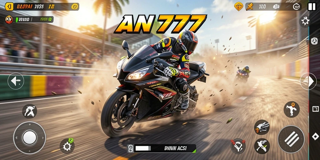Screenshot AN777 menunjukkan aksi balapan motor yang mendebarkan.