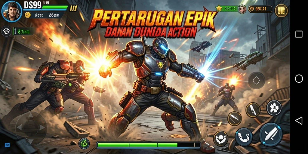 Screenshot utama DS99 menunjukkan pertarungan intens dalam gameplay Action.