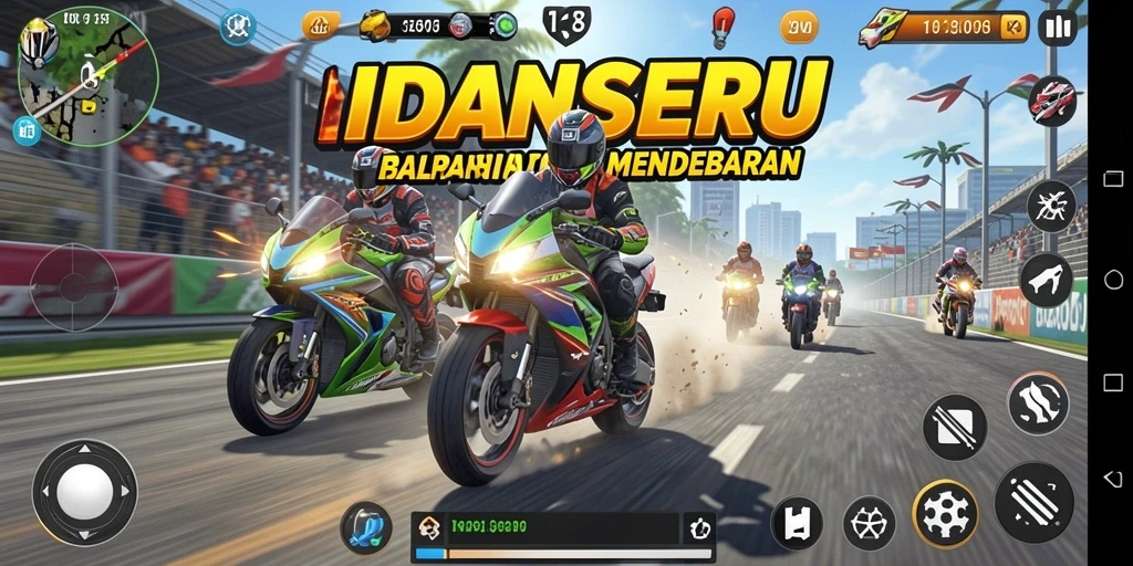 Screenshot dari gameplay <strong>IDNSERU</strong> menampilkan aksi balapan yang seru dan penuh tantangan.