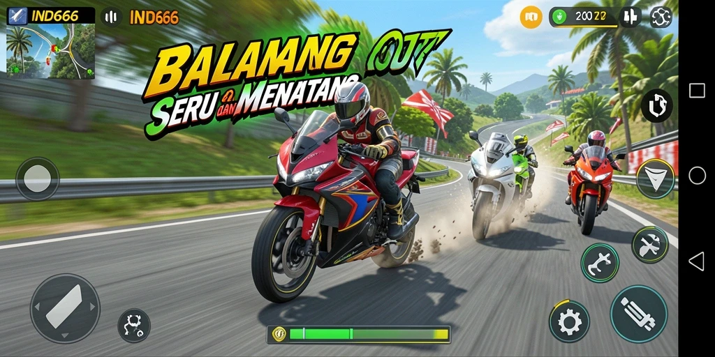 Tampilan gameplay seru di trek balapan motor.