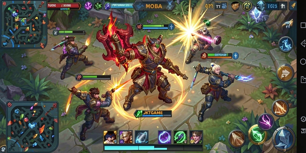 Tampilkan karakter yang bertarung dalam arena pertarungan MOBA.