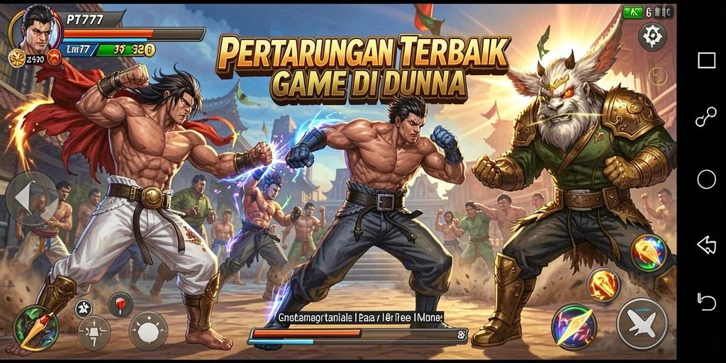 Screenshot PT777 menunjukkan pertarungan intens karakter yang saling berhadapan.