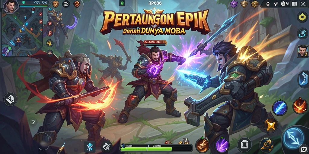 Screenshot gameplay RP886 yang menunjukkan aksi luar biasa dalam pertandingan MOBA.