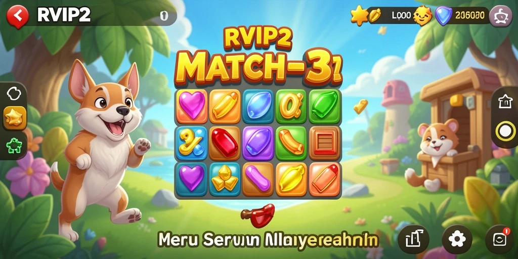 Screenshot utama RVIP2 menampilkan gameplay match-3 yang menantang.