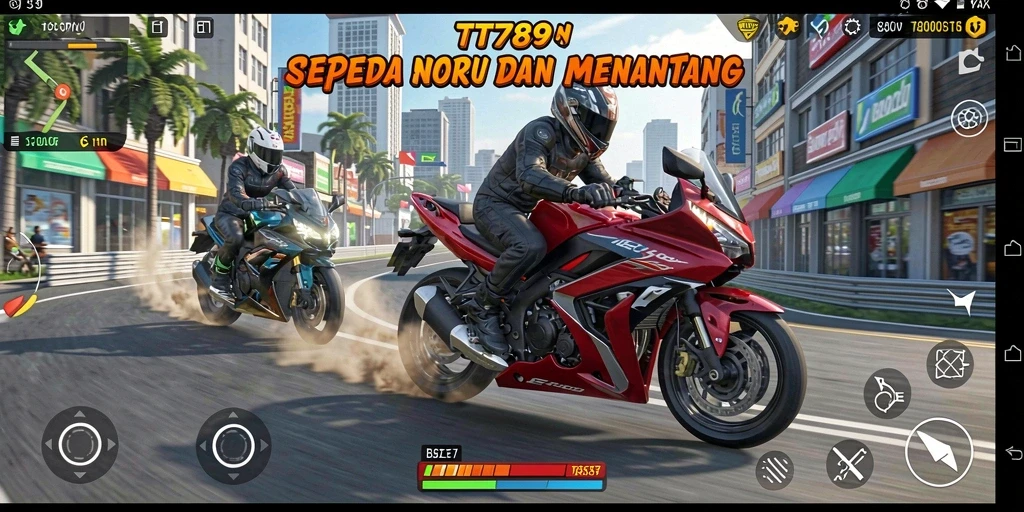 Screenshot gameplay TT789 menampilkan balapan motor yang seru di trek menantang.